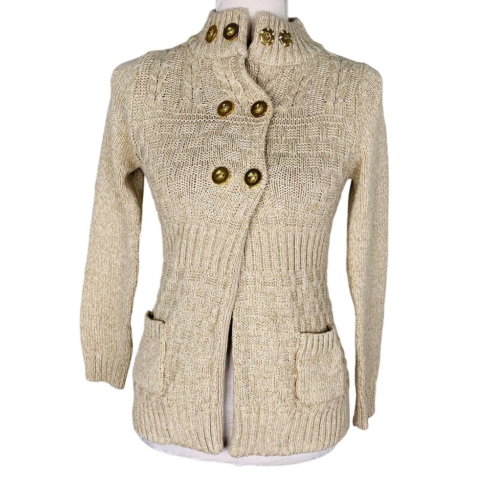 Kaisley Cardigan Sweater M Beige Gold Pockets New